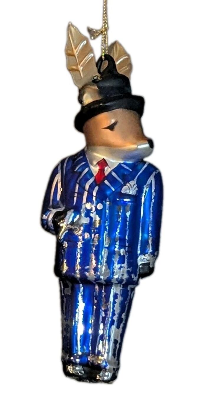 Pottery Barn Reindeer Donner Ornament Blown Glass Christmas Blue Suit 6"